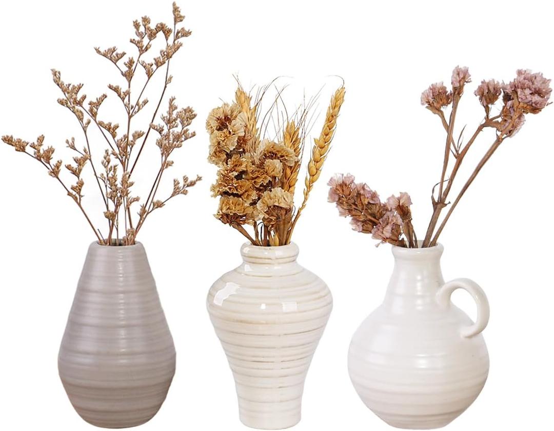 Ceramic Vase Set of 3,Minimalist Boho Dried Flower Vases for Living Room Table Centerpiece,Modern Farmhouse Vintage Mini Vases for Pampas Grass Flower Home Decor Gift (Neutral Color, Small)