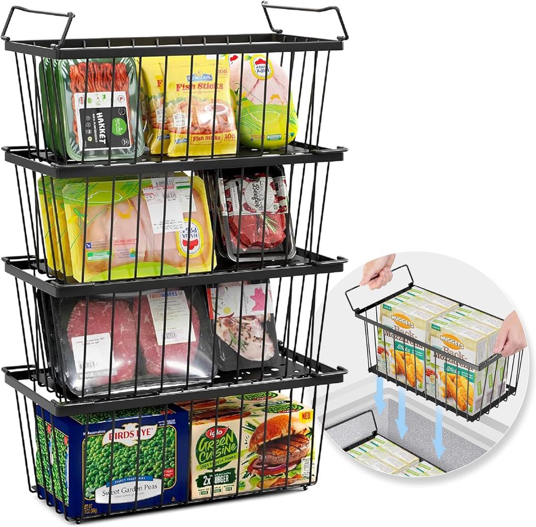 Tafura Freezer Organizer Bins (14" Lx7 Wx6.1 H) - 3 Pack Stackable Freezer Baskets Sort Frozen Meats & Food - Deep Freezer Organizer Bins with Handles for Upright & Chest Freezer (Black)