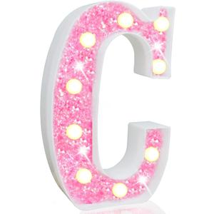 Pooqla LED Marquee Letter Lights, Pink Glitter Alphabet Sign Battery Powered Night Light, Birthday Party, Wedding, Girls Gifts, Home Bar, Christmas Decoration, Pink Letter C (Warm White)