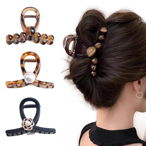 Sppry Elegant Pearl Hair Claw Clips for Women Thin Hair, Set of 3, Brown & Black (Medium 3 Inch)