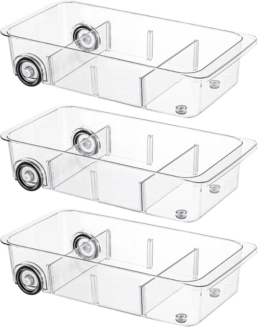 Fridge Organizer Bins With Wheels, 3 Pack Roll Out Refrigerator Organizers And Storage Refrigerator Drawer With Dividers, Upgrade Thick Plastic Pantry Storage Bins, Kitchen Organization