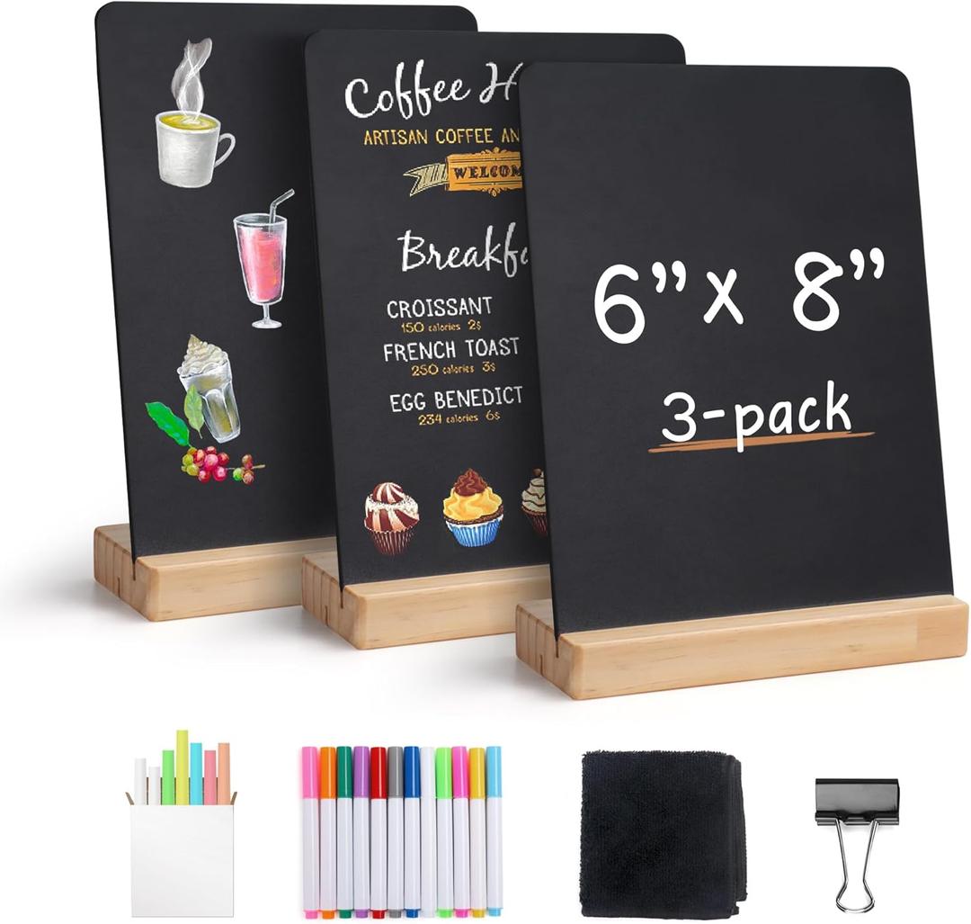 SELEAD Small Chalkboard Words Sign - Pack of 3, 6x8 Inch Tabletop Decorative Chalk Board with Wooden Stand, Mini Double-Sided Erasable Message Menu Board for Food, Business, Wedding, Party