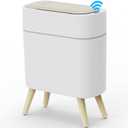 Yatmung Motion Sensor Bathroom Trash Can with Lid 2.5 Gal Smart Trash Bin - Waste Basket for Bedroom, Office, Living Room - Slim Bathroom Garbage Can Automatic Touchless - White with Wooden Legs (1 Pack)