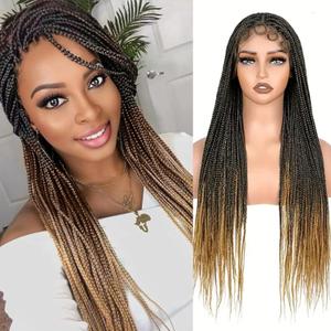 Knotless Box Braided Wigs for Black Women Glueless Double Full Lace Front Human Hair Blended Lightweight Hand Braid Wig with Baby Hair (Ombre Blonde, 30 Inch)