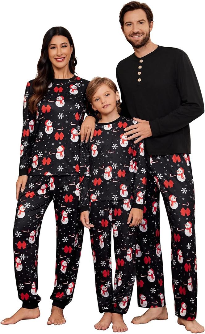 Ekouaer Family Christmas Pajamas Matching Sets Womens Mens Pjs Long Sleeve Sleepwear Holiday Lounge Sets (Large, Black Snowman and Snowflake)