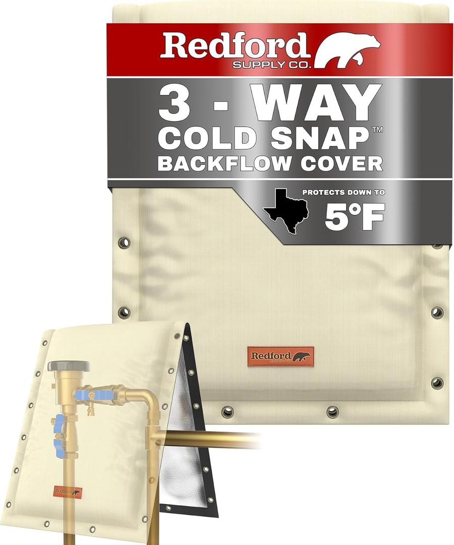 Redford Supply Co. Cold Snap (5F) Backflow Preventer Insulation Cover, 3-Way Custom, 14"W x 18"H, Pipe Insulation, Water Sprinkler Covers for Outside, Sprinkler Backflow Cover for Winter (Beige)