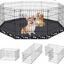 Dog Pen Pet Playpen Dog Fence Indoor Foldable Metal Wire Exercise Puppy Play Yard Pet Enclosure Indoor Outdoor 8 Panels 24 Inch with Bottom Pad (Bottom Cover Fence with Printing)