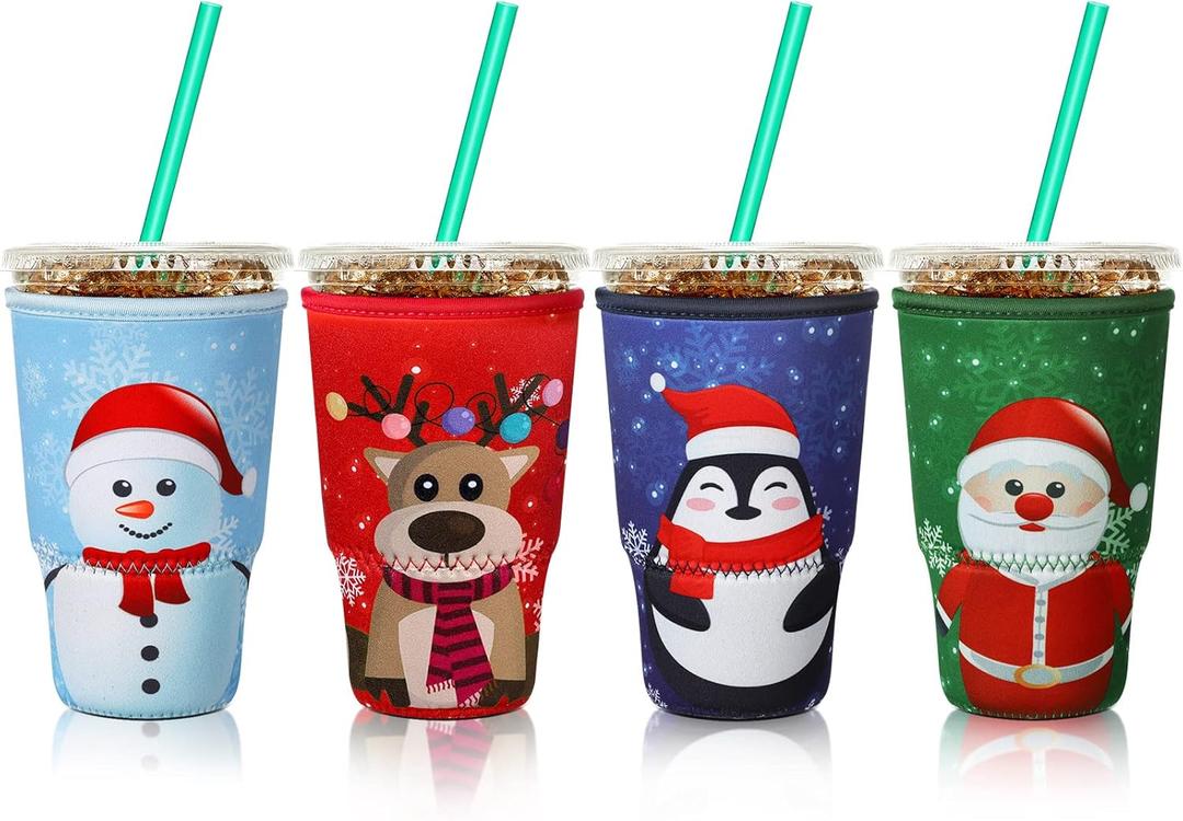 Patelai 4 Pieces Christmas Reusable Iced Coffee Sleeve Cup Insulator for Cold Drinks Beverages and Holder for Most Coffee(30-32 oz, Santa Claus)