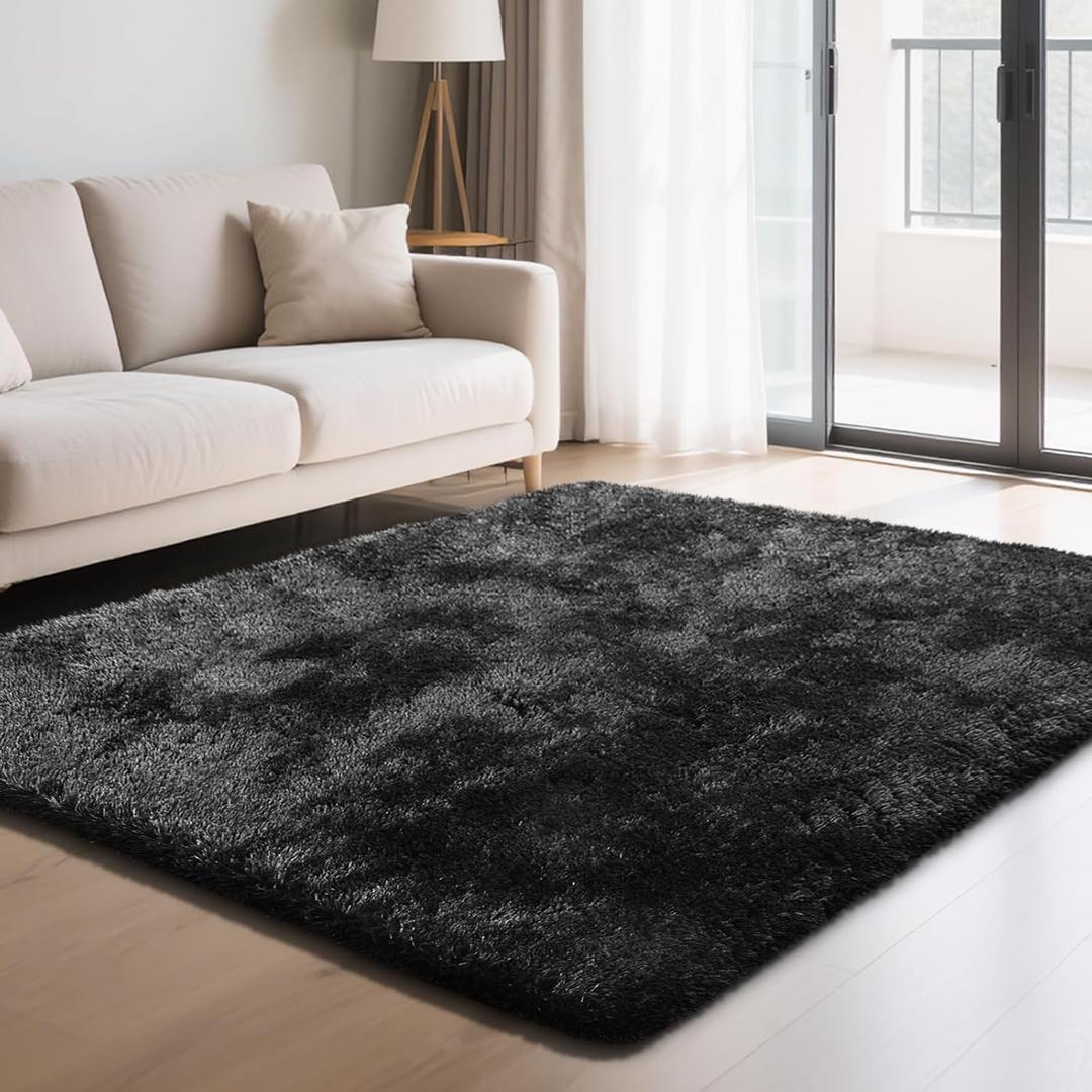 Fluffy Rug Shaggy Area Rug, Black 5x8 Area Rugs for Bedroom, Small Bedside Rug, Soft Fluffy Shaggy Entryway Throw Rugs for Living Room Bedroom Kids Room Home Decor