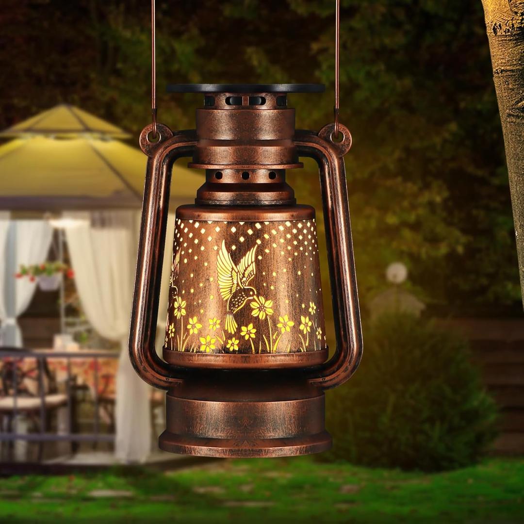 Solar Lantern Outdoor Hanging Vintage LED Waterproof Camping Light with Beautiful Graphics Landscape Decor for Yard,Patio,Porch,Lawn,Tabletop(02 - Hummingbird)