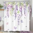 Riyidecor Purple Lavender Floral Shower Curtain Lilac Purple Flower Butterfly Botanical Plant Watercolor Rustic Green Leaves Summer Girls 60Wx72H Inch Bathroom Decor Fabric Waterproof 12 Pack Hooks