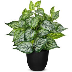 14.5" Artificial Plants Indoor Home Decor, Fake Potted Silk Plants for Shelves Living Room Decorative, Small Artificial Office Desk Plant in Pots, Faux Potted Greenery Tropical House Plant (#Green Mix White)