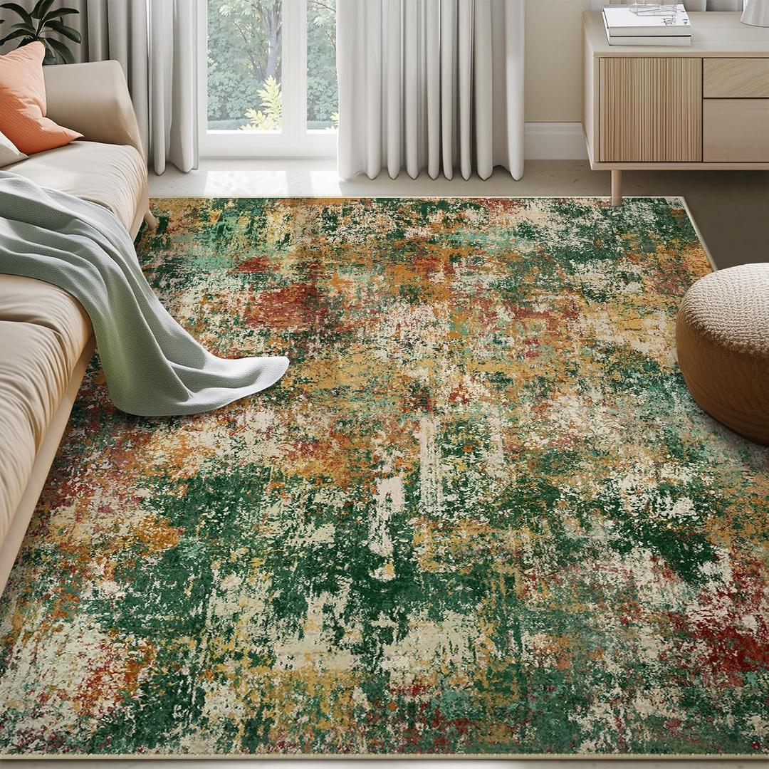 Washable Area Rugs 6'x9' Non-Slip Modern Abstract Soft for Living Room Entryway Bedroom Nursery, Print Pattern, Green Orange Rust Red Cream Colorful