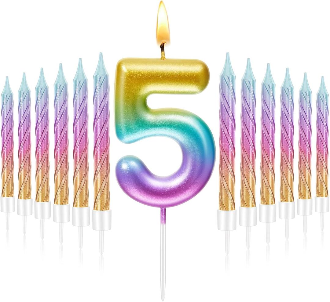 Treela 5 Birthday Candle for Cake with 12 Pieces Spiral Numeral Rainbow Gradient Candle 5th Birthday Rainbow Candles for Girls, Boy, Cake Topper Anniversary Wedding Sweet Theme Party Supplies