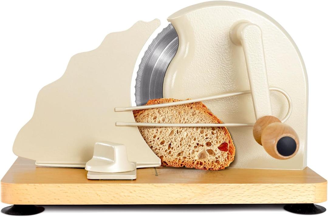 Manual Bread Slicer for Homemade Bread, Bread Cutter for Adjustable and Even Slices, Classic Hand Crank Sourdough Slicer with Scale Line & Powerful Suction Cup, Sharp Stainless Steel Blade (Cream)