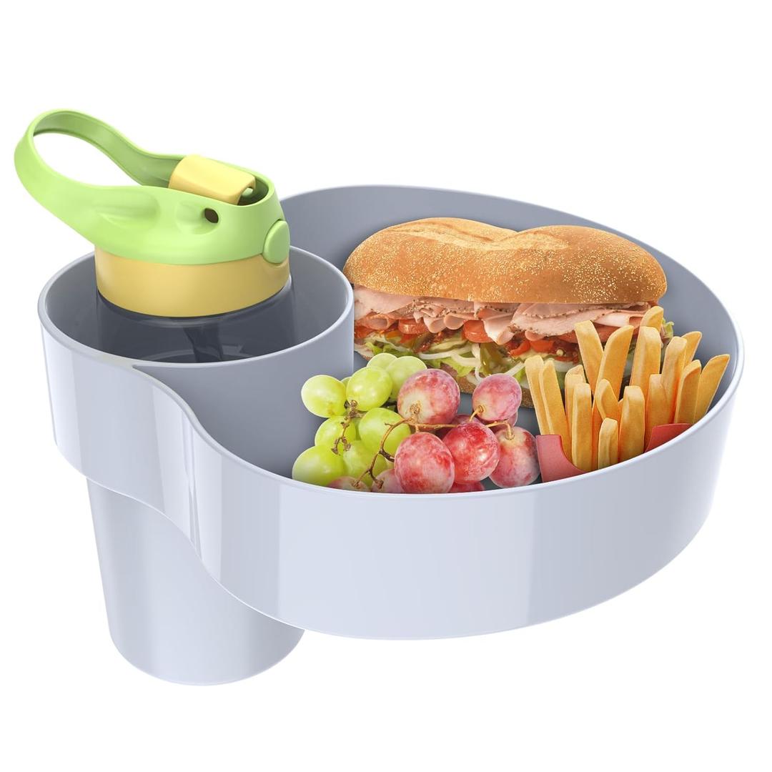 Car Seat Cup Holder Snack Tray: Travel Tray for Kids Car Seat Food Tray for Kids Travel, Toddler Carseat Eating Plate Table, Kid Road Trip Table Essentials Accessories, Grey