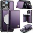 Compatible with Magsafe for iPhone 15 Pro Max Wallet Case Magnetic Card Holder, RFID Blocking 2 in 1 Detachable Kickstand Shockproof Case for Women Men, Purple