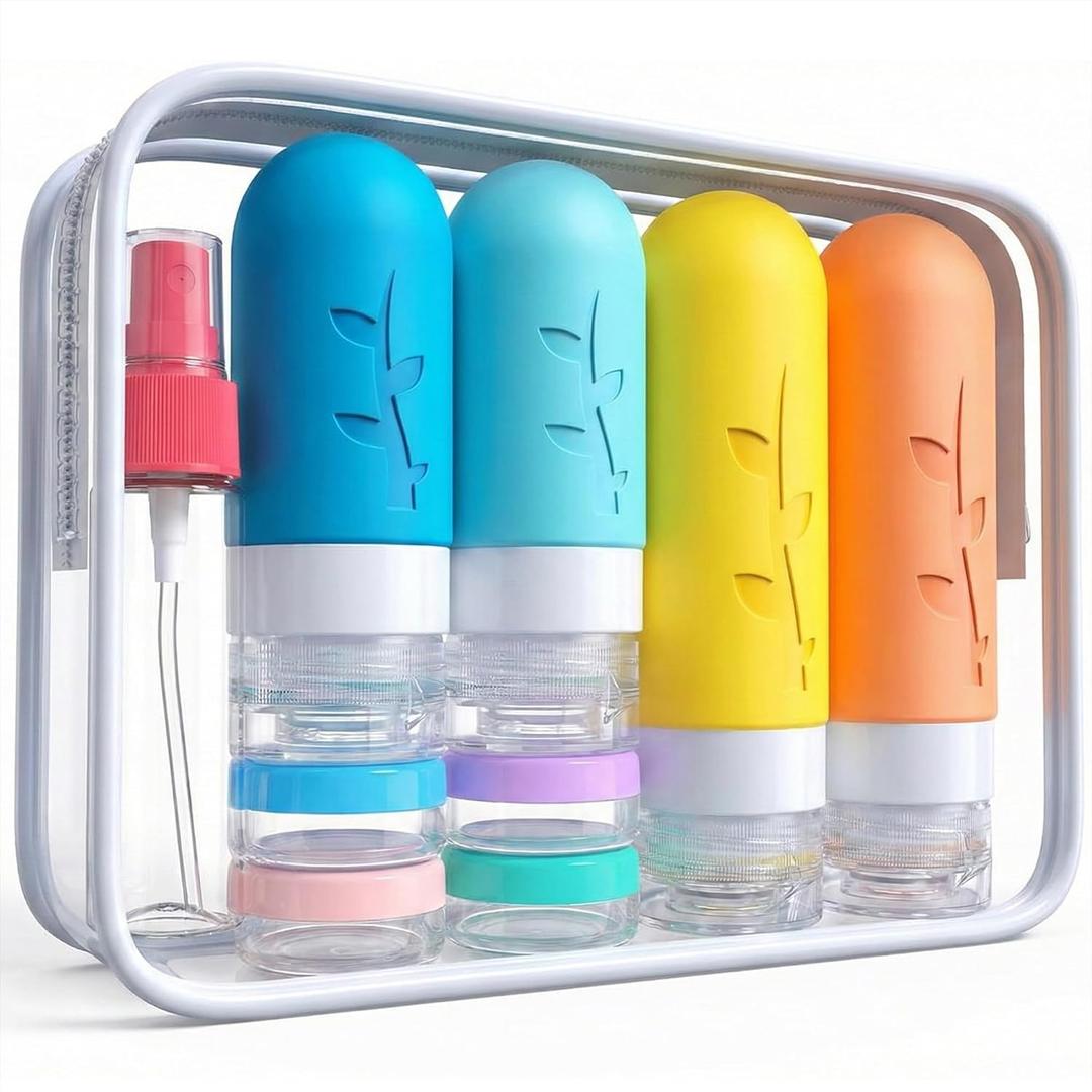 Travel Bottles Kit (16 Pack) - TSA Approved, Leak Proof Silicone Squeezable Containers for Toiletries. Complete Set with Jars, Sprayers & Bag (White)