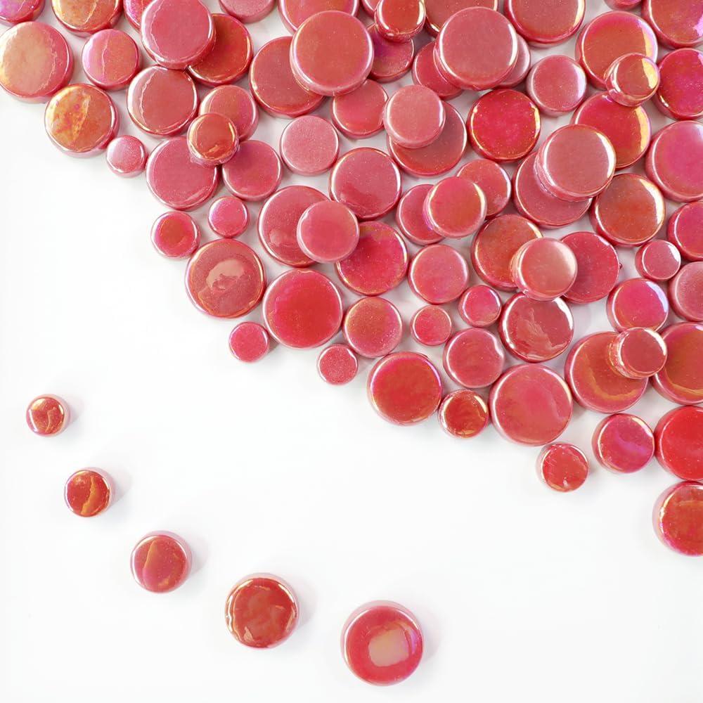 1 LB Penny Round Mosaic Tiles, 10mm ~20mm 5sizes Iridescent Rounds Recycled Glass Tiles Mix for Adults & Kids DIY Mosaic Making Garden Project (Crimson)