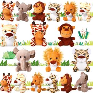 HyDren 18 Pcs Small Safari Stuffed Animals Bulk 4.8 Inch Jungle Animal Mini Plush Toy Lion Tiger Elephant Giraffe Leopard Monkey Figures for Summer, Baby Shower, Birthday Party(Lovely Style)