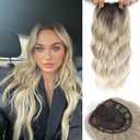 Hair Topper, 360 3D Hair Toppers for Women with Thinning Crown, 20 Inch Long Wavy Curly Hair Pieces Clip in Bangs (Ombre Light Blonde with Dark Root, 20 inch, Side Bangs)