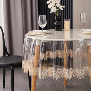 LIBERECOO Clear Tablecloth Protector, 0.15mm Heavy Duty Waterproof Vinyl Table Cover with Elegant Lace Trim, Crystal Clear Oilproof Wipeable Reusable 90 Inch Round Tablecloths for Dining Table 90" (Round)