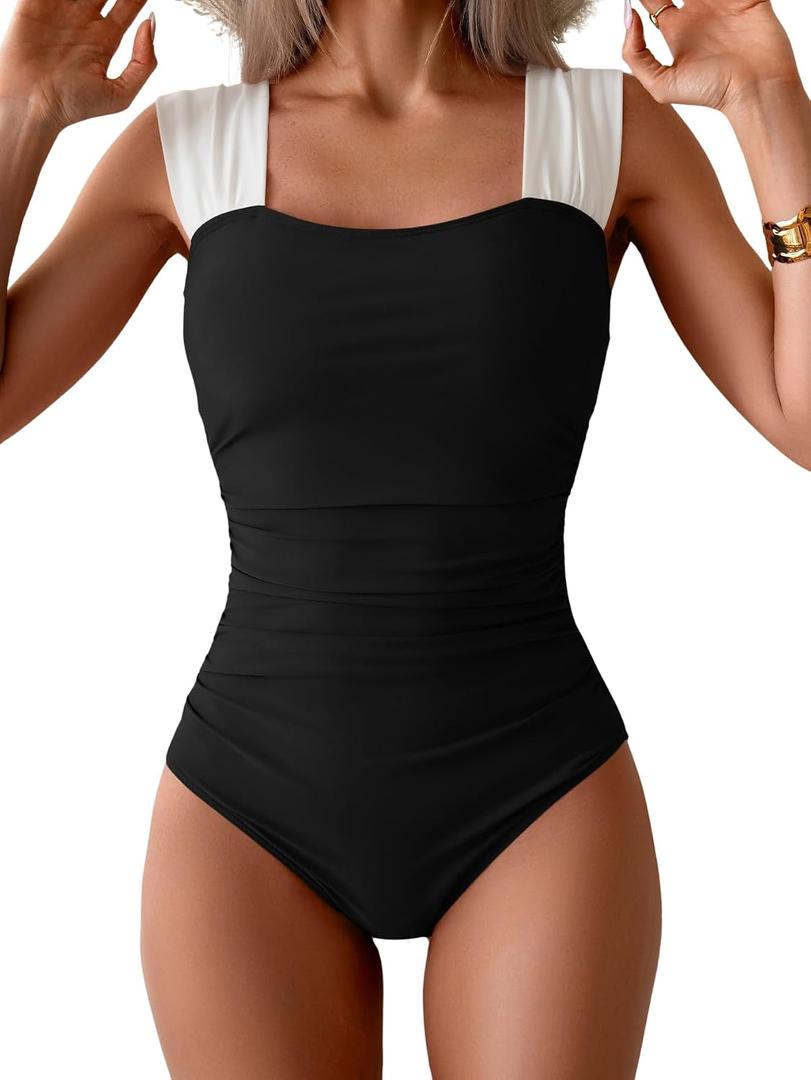 B2prity Womens One Piece Swimsuit Retro Square Neck Tummy Control Bathing Suits Ruched Modest Full Coverage Swimwear (Black, XL)