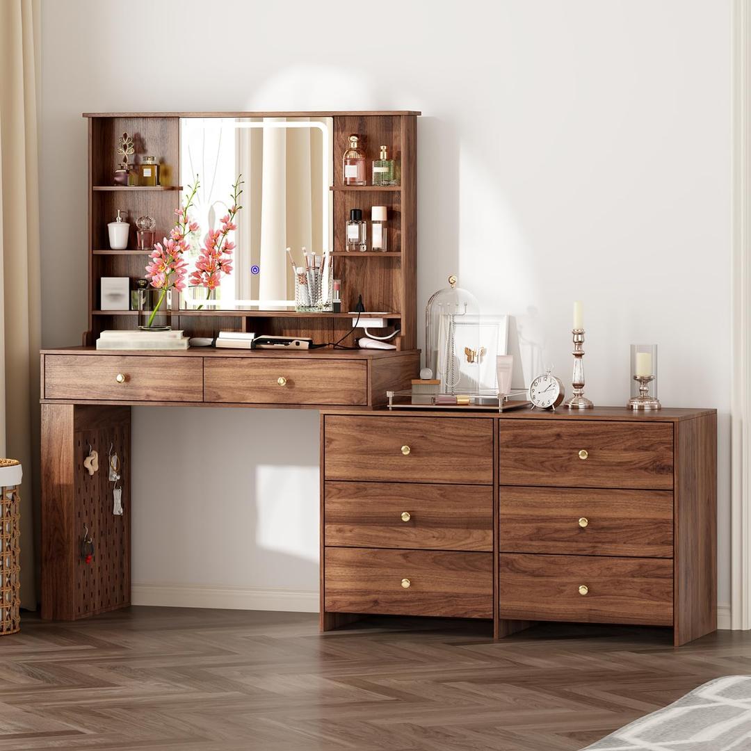 Makeup Vanity Desk with Mirror and Lights, Vanity Desk with 8 Drawers & Storage Shelves, Vanity Table with Power Outlet, 3 Color Modes & Adjustable Brightness Dressing Table, Bedroom, Brown (15.75D*40-68W*55.91H)