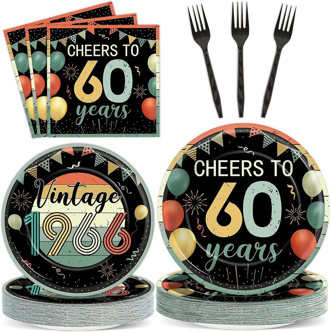 96Pcs Vintage 60th Birthday Plates and Napkins Back in 1966 Theme Party Decorations Supplies Cheers to 60 Years Disposable Tableware Set for Women Men 60th Birthday Party Favor Serve 24