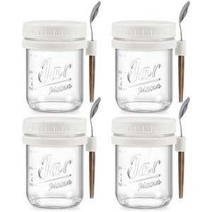 LANDNEOO 4 Pack Overnight Oats Containers with Lids and Spoons, 16 oz Glass Mason Jars with Airtight Lids, Overnight Oats Jars for Milk, Cereal, Fruit-White