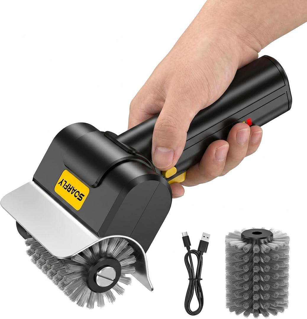 SOARFLY Electric Grill Brush for Outdoor, 600RPM Cordless BBQ Grill Cleaner | 2000mAh Rechargeable Cleaning Brush, Safety Locks Design, Non shed, Two Brush Head, Lightweight Portable, Gifts for Men Dad
