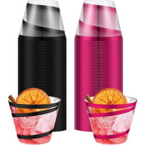 Gejoy 9 oz Rimmed Swirl Plastic Cups Disposable Wine Drinking Cups Clear Elegant Wedding Tumblers for Engagement Single Party Supplies(Hot Pink, Black)