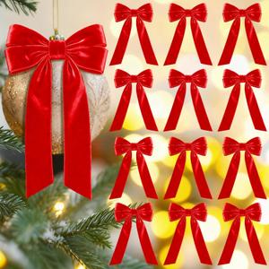 Aneco 12 Pcs Velvet Bows Christmas Ribbon Bow Tree Ornaments Vintage Xmas Bows for DIY Crafts Gift Wrapping Hair Garland Wreath Floral Holiday Door Decorations (9 x 13 Inch, Red)