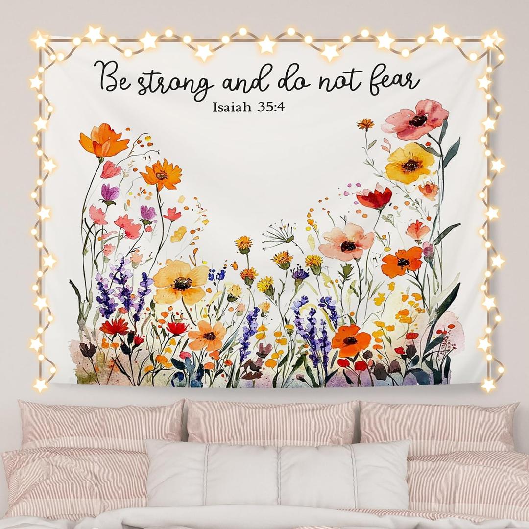 AQYIP Floral Christian Tapestry, Isaiah 35:4 Bible Verse Tapestry Decorative, Christian Room Decor, Wildflower Religious Wall Tapestries Blanket Decor for Home Office Church, 50x60 Inch (be strong and do not fear)