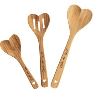 3 Pcs Wooden Heart Shaped Spoons Bamboo Kitchenware Engraved Bamboo Spoons for Kitchen Gifts Serving Stirring Baking Mom Wife Weddings Kitchen Hostess Valentine
