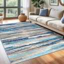 Lansny Modern Abstract 6x9 Machine Washable Living Room Rug Non-Slip Soft Bedroom Area Rug Blue Ultra Thin Print Faux Wool Floor Carpet Throw Rugs for Nursery Playroom Dining Room Indoor Office (Blue Aqua/Beige Taupe Multi)
