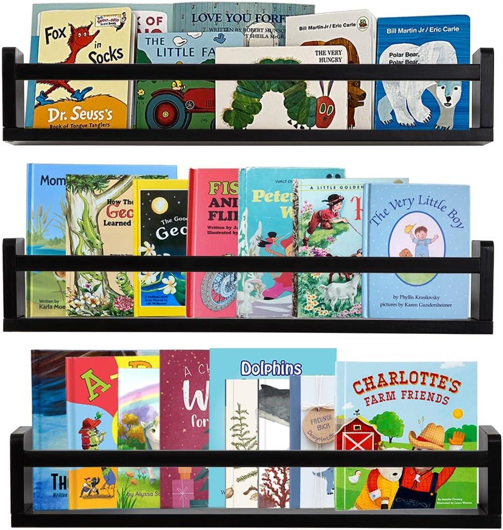 AZSKY Classic Nursery Book Shelves Black Wooden Floating Shelves Wall Bookshelf for Bathroom Decor Kitchen Spice Rack Organizer Kids Room 24 Inch Set of 3, Black