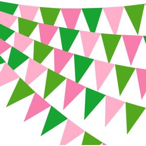 Pasimy 49.21 ft 60 Pieces Party Pennant Banner Flags Decorations String Triangle Flags for Birthday Baby Shower Carnival Movie Witch Crown Party Supplies (Pink and Green)
