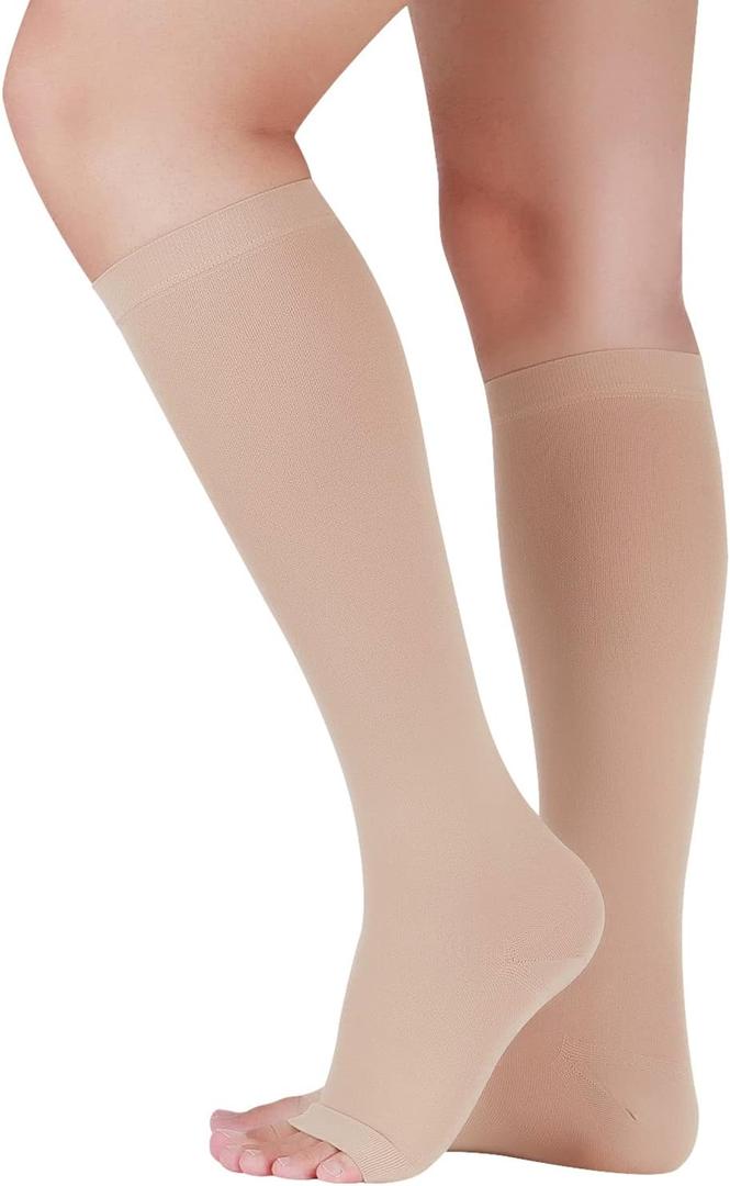 Lin Performance Compression Socks for Women and Men, 20-30 mmHg Open Toe Knee High stockings, Leg Support for Daily & Travel Comfort (L, Beige)