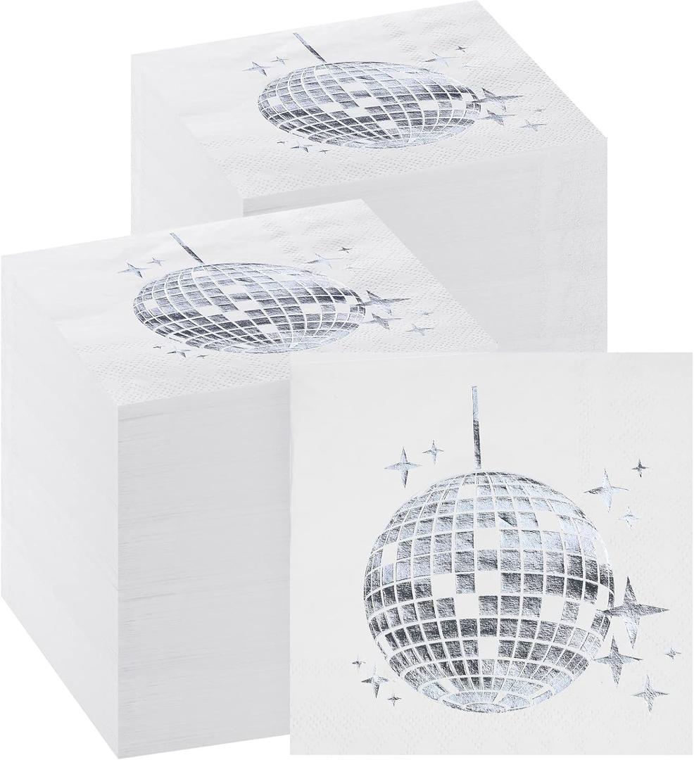 160 Pack Disco Party Cocktail Napkins Stylish Disposable 70s 80s 90s Party Supplies Disco Cocktail Napkins for Engagement Birthday Graduation Baby Shower Supplies(Silver)