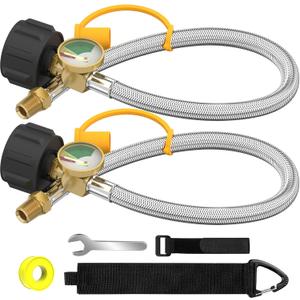 2 Packs RV Propane Hoses with Gauge, 18 Inch Stainless Steel Braided Camper Tank Hose,Rv lp Gas Hoses Connector for Standard Two-Stage Regulator, 40Lb 250PSI, 1/4" NPT /QCC1 Fittings