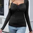 Amoretu Women's Stretchy Ruched Slim Fit Shirt Long Sleeve Going Out Fitted Tops (Black, XS)