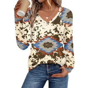 Western Cowgirl Shirts for Women Aztec Long Sleeve Shirt Boho Cow Graphic Tees Country Concert V Neck Loose Fit Tops Size S