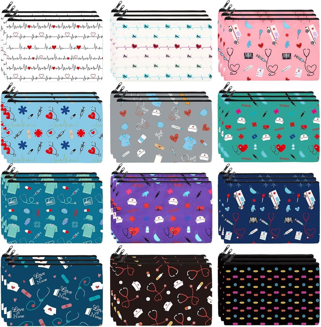Hillban 36 Pcs Nurse Gifts for Women Makeup Bags Survival Kit Cosmetic Bags Birthday Christmas Gifts for Nurse Practitioner Nursing Zipper Pouch Supplies, 12 Styles