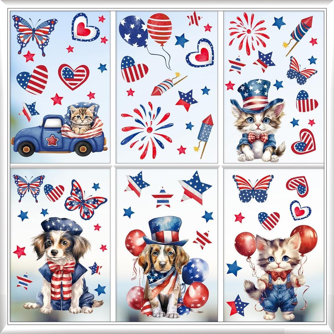 9PCS Patriotic Window Clings for Glass Windows Cute Dog Cat Window Decals Stickers 4th of July American Flag Memorial Day Window Clings Double-Sided Independence Day Window Decor for Home School Party