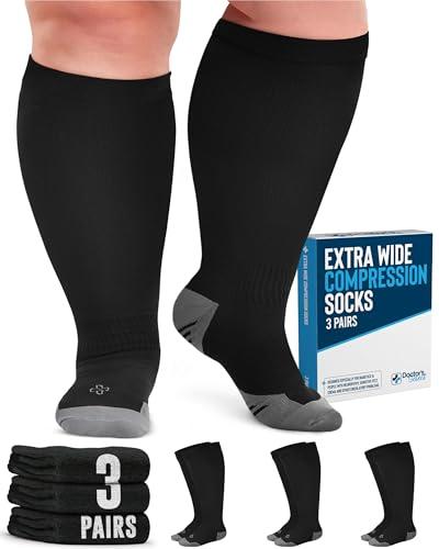 Doctor's Select 3 Pairs Plus Size Compression Socks Wide Calf - Up to 6XL | 20-30 mmHg Compression Socks for Women Wide Calf | Black