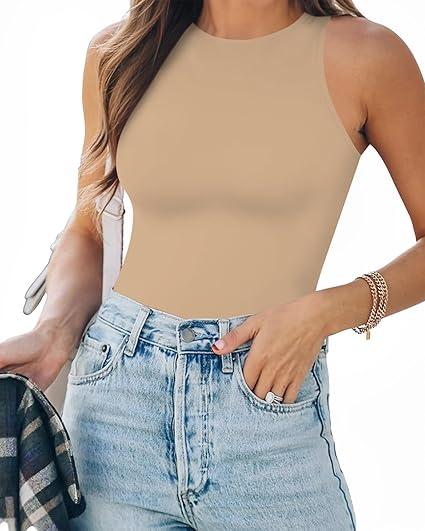 MANGOPOP Tank Top Body Suits Women Sexy Crew Neck Racerback Halter Ribbed Sleeveless Bodysuit for Women, Light Coffee, Large
