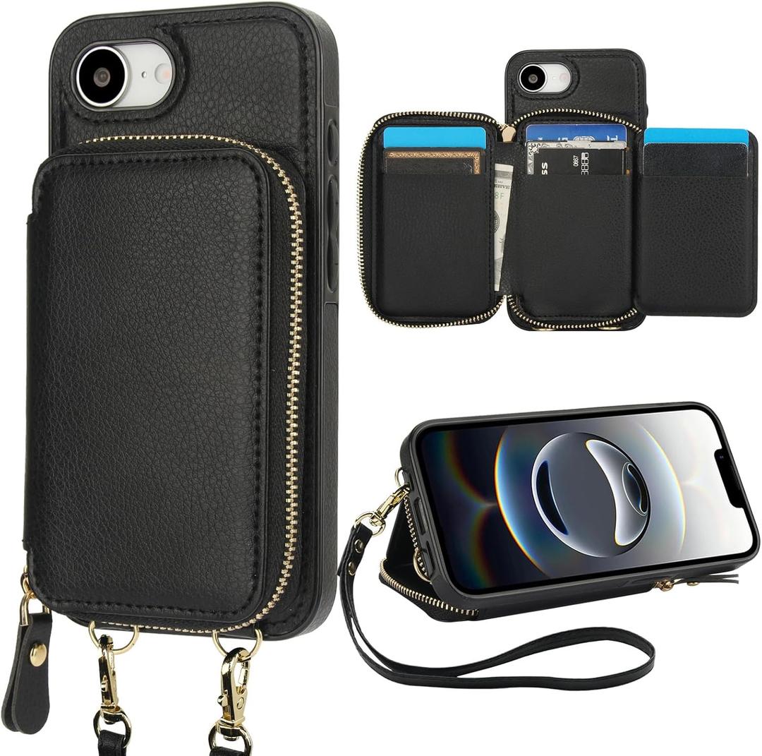 Bocasal RFID Blocking Wallet Case for iPhone 16e, Adjustable Crossbody Zipper Purse Cover Card Slots Holder with Kickstand Detachable Wrist Strap, PU Leather Flip Folio Case 6.1 Inch 5G (Black)