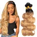 1B27 Ombre Blonde Bundles Human Hair Body Wave Bundles Human Hair 30 32 34 Inch NerriHou Unprocessed Brazilian Virgin Hair Ombre Blonde Body Wave Bundle Human Hair Extensions 3 Bundle 150 Gram