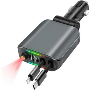 Car Charger with Starlight, 120W USB C Fast Car Chargers Adapter, 4 in 1 Retractable Car Charger with 2 USB Ports Car Phone Chargers for iPhone17 /16/15/14/13/12 and for AndroidISO Bulit in coverter